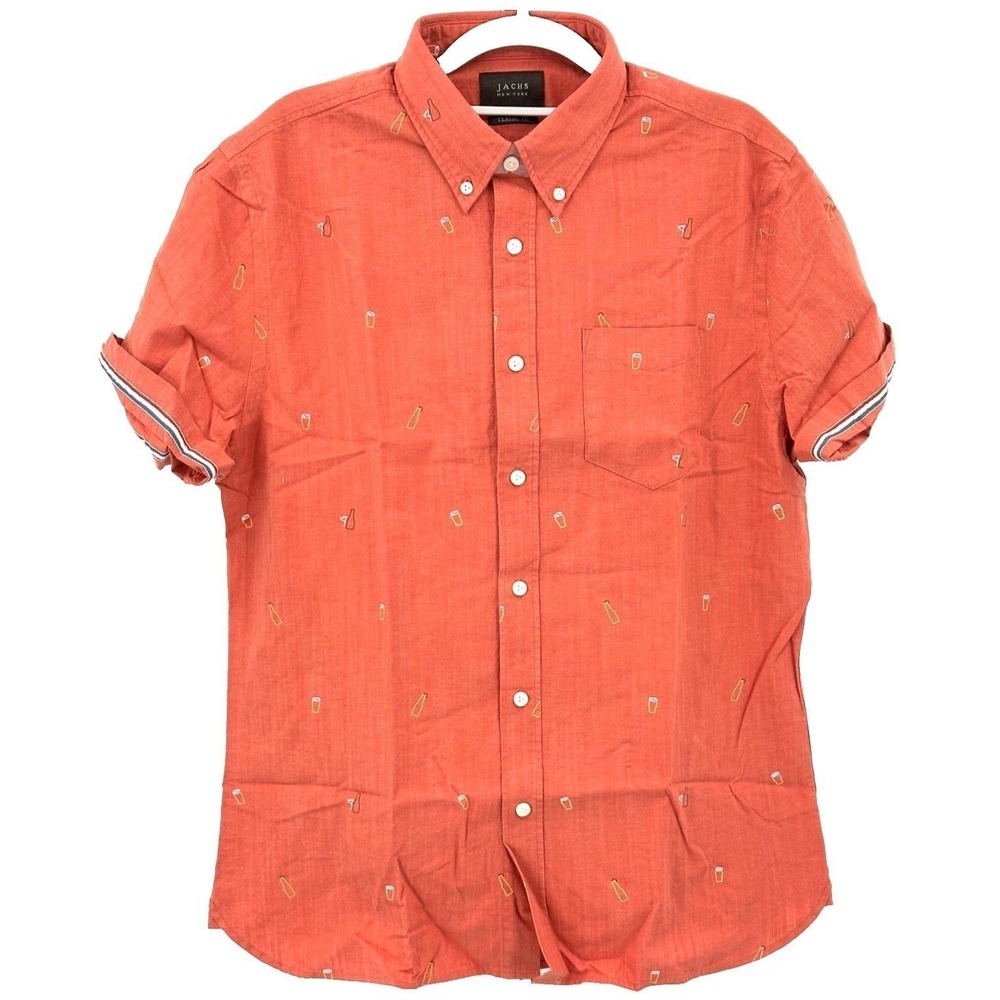 Jachs Short Sleeve Shirt Beer Print Brick Red Button Down Men's Medium NWT